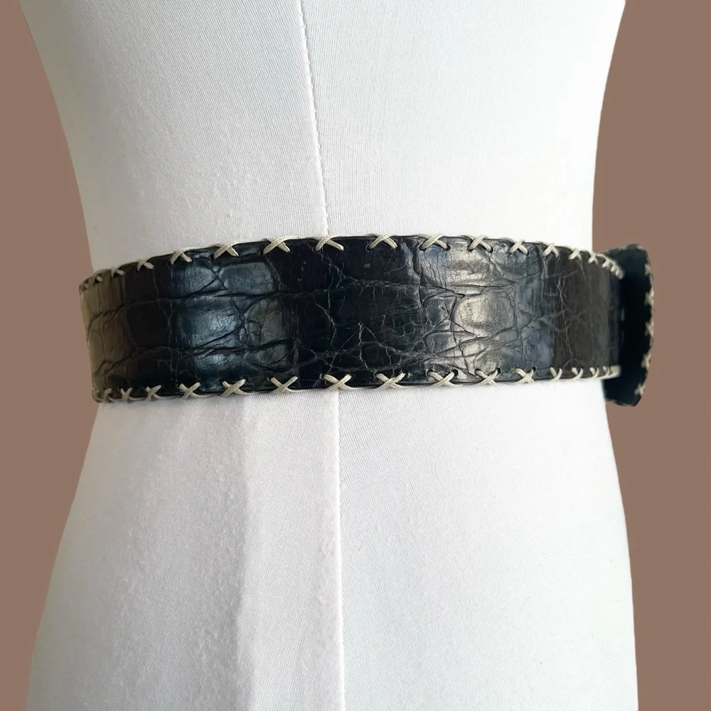 Italian Leather Black Croc Embossed Wide Waist Oversized Belt Maximalist Size S